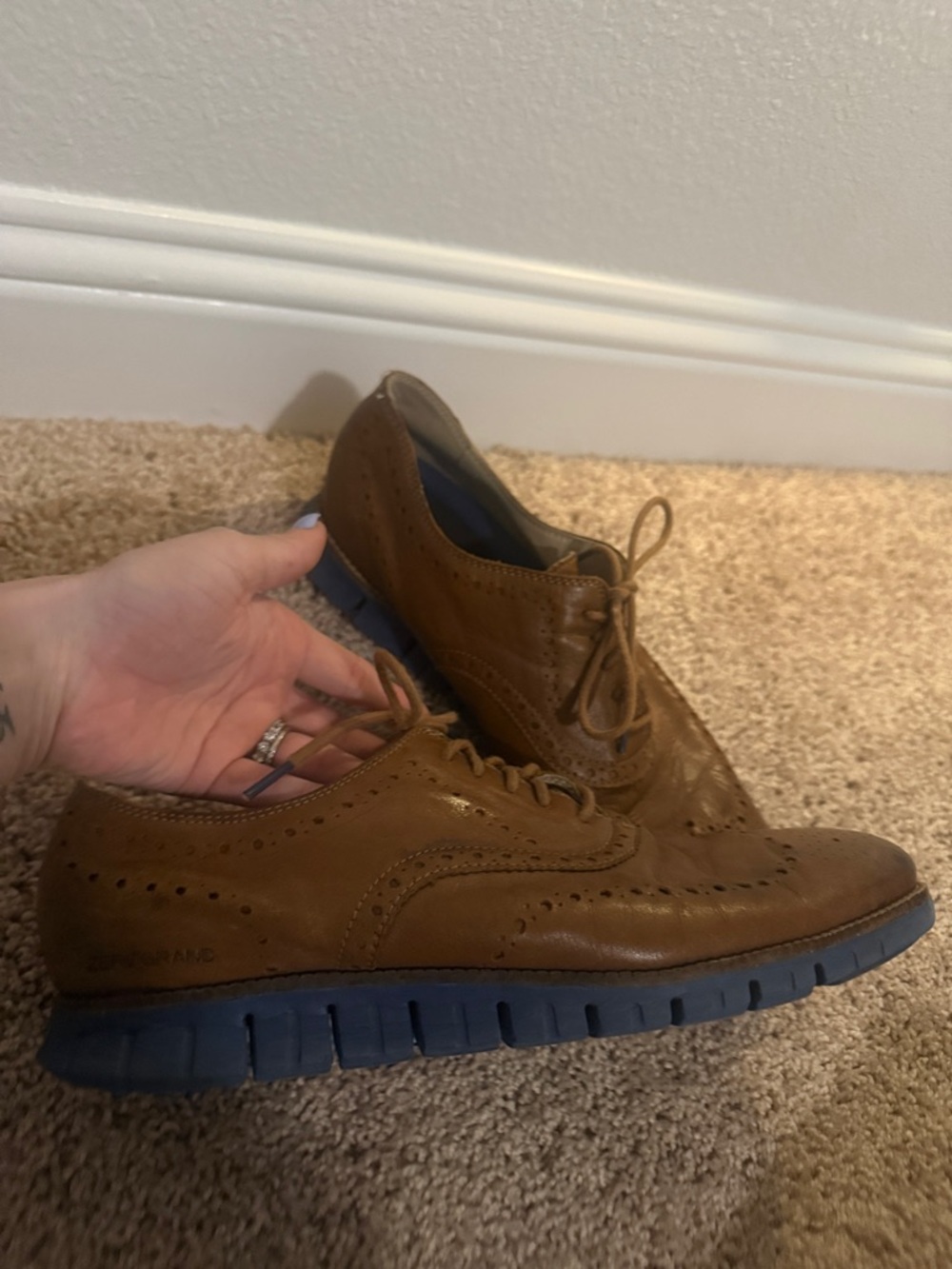 Cole Haan Men's Wingtip Brown Leather/Blue Bottom Oxfords - ZERØGRAND - Size 12